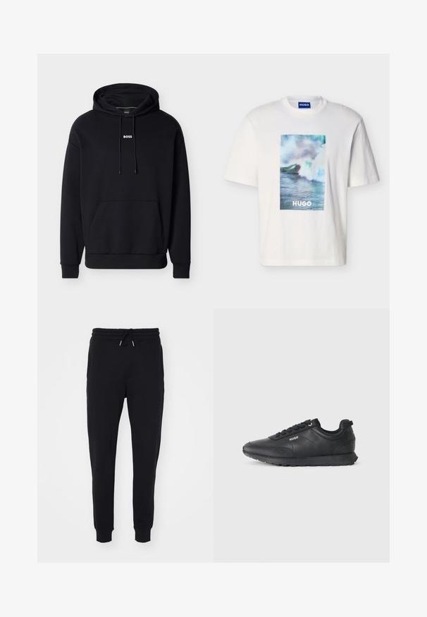 Sweat à capuche en coton noir avec cordons de serrage réglables, poche avant et petit logo blanc "BOSS" sur la poitrine. Texture lisse, coupe décontractée.; T-shirt blanc à manches courtes avec un motif de vague océanique en bleu, vert et blanc et le texte "HUGO" centré à l'avant.; Pantalons de survêtement noirs en tissu doux, dotés d'une taille élastique avec cordon de serrage, de poches latérales et de finitions ajustées aux chevilles.; Baskets basses noires avec fermeture à lacets, détails texturés et logo "HUGO" sur le côté, présentées de profil sur fond blanc.
