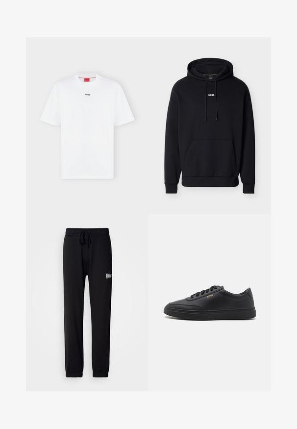 Sudadera negra de algodón con cordones ajustables, bolsillo frontal y pequeño logo blanco "BOSS" en el pecho. Textura suave, ajuste holgado.; Camiseta blanca de manga corta con pequeño logo negro "HUGO" centrado en el pecho y una etiqueta roja dentro del cuello.; Pantalones de chándal negros hechos de una tela suave, con una cintura elástica y cordones ajustables, además de un pequeño logo bordado en el lado.; Zapatillas de cuero negro con una textura suave, punta redondeada, suela plana de goma y cordones a tono. Presentan el logotipo dorado "BOSS" en el lateral.