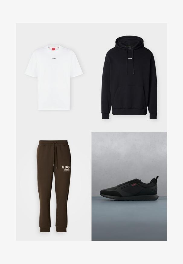 Schwarzer Baumwoll-Hoodie mit verstellbaren Kordeln, Fronttasche und kleinem weißem "BOSS"-Logo auf der Brust. Glatte Textur, lockere Passform.; Weißes T-Shirt mit kurzen Ärmeln und kleinem schwarzem "HUGO" Logo mittig auf der Brust und einem roten Etikett innen im Kragen.; Braune Sweatpants aus weichem Stoff, mit einem elastischen Bund und Kordelzug sowie weißen Logodetails auf der Vorderseite.; Schwarze Low-Top-Sneaker mit Schnürung an der Vorderseite, schwarzer Sohle und rotem "HUGO"-Logo an der Seitenpartie, entworfen für die Freizeit.