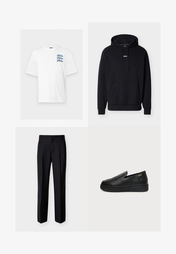 Sweat à capuche en coton noir avec cordons de serrage réglables, poche avant et petit logo blanc "BOSS" sur la poitrine. Texture lisse, coupe décontractée.; T-shirt blanc à manches courtes avec trois petits drapeaux bleus sur la poitrine gauche, chaque drapeau affichant le mot "HUGO" en lettres blanches.; Pantalon noir ajusté à coupe droite, avec un devant plissé et des poches latérales. Confectionné dans un tissu lisse et léger à motif uni.; Chaussure noire en cuir à enfiler avec une semelle épaisse et un petit logo doré "Hugo" sur le côté du talon, montrée de profil sur un fond neutre.