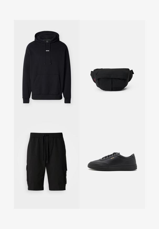 Schwarzer Baumwoll-Hoodie mit verstellbaren Kordeln, Fronttasche und kleinem weißem "BOSS"-Logo auf der Brust. Glatte Textur, lockere Passform.; Schwarze Cargo-Shorts aus leichtem Material, mit elastischem Bund, Kordelzug und seitlichen Cargo-Taschen für zusätzlichen Stauraum.; Schwarze Leder-Sneaker mit glatter Textur, runder Zehenpartie, flacher Gummisohle und einfarbigen Schnürsenkeln. Mit goldfarbenem "BOSS" Logo an der Seite.; Schwarze Nylon-Gürteltasche mit Reißverschluss, zwei Vorderfächern und einem strukturierten Logopatch. Verfügt über einen breiten, verstellbaren Tragegurt.