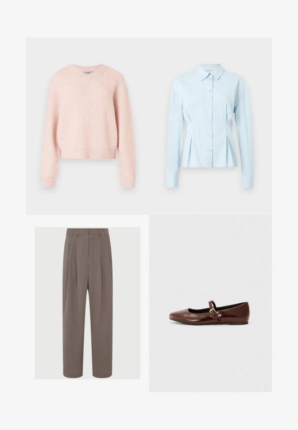Lyserød strikket sweater med et struktureret mønster, v-hals og ribbede manchetter og kant. Kort design med afslappet pasform.; Lyseblå skjorte med krave, lange ærmer, foran knaplukning og plisserede detaljer ved taljen, lavet af glat stof.; Brune plisserede bukser med høj talje, slankt stof, vidde ben-design og sidelommer, der har en glat og let tekstur.; Brun patentlæder balletflade med firkantet tå og strop med en lille guldbuckle. Glat tekstur, lav hæl og minimalistisk design.