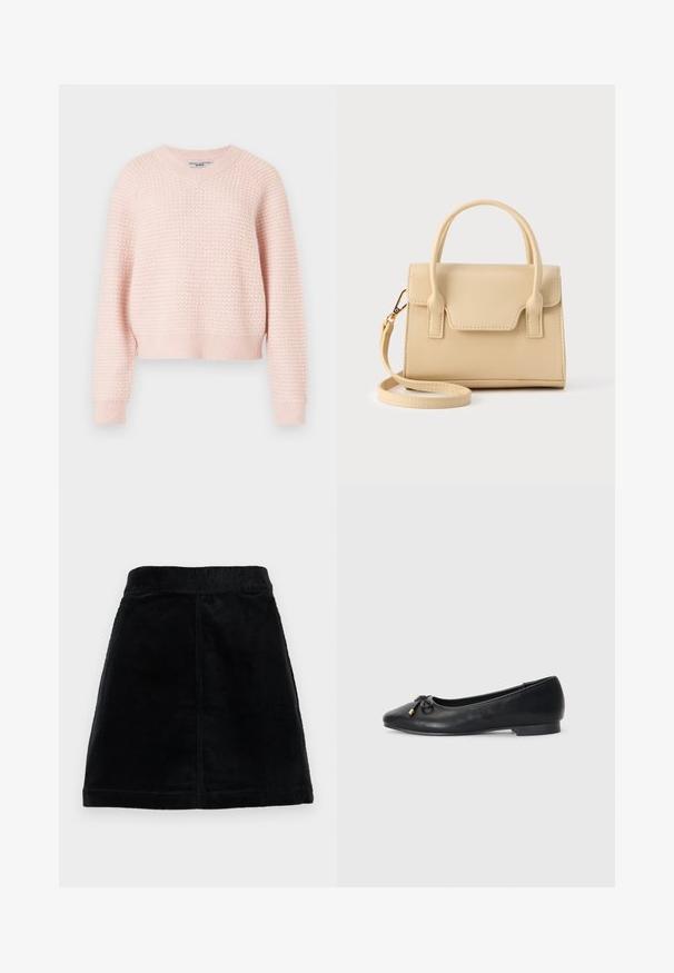 Lyserød strikket sweater med et struktureret mønster, v-hals og ribbede manchetter og kant. Kort design med afslappet pasform.; Sort kordfløjlsskjørt med en tætsiddende talje, lige skæring og tekstureret stof med lodrette ribber. Ingen synlige lukninger eller udsmykninger.; Sort læder balletflade med spids tå, med en lille sløjfedetail og gyldne accenter, samt en lav, rund hæl.; Beige læderhåndtaske med et struktureret design, der har en topstrop, aftagelig rem og syninger som detaljer.