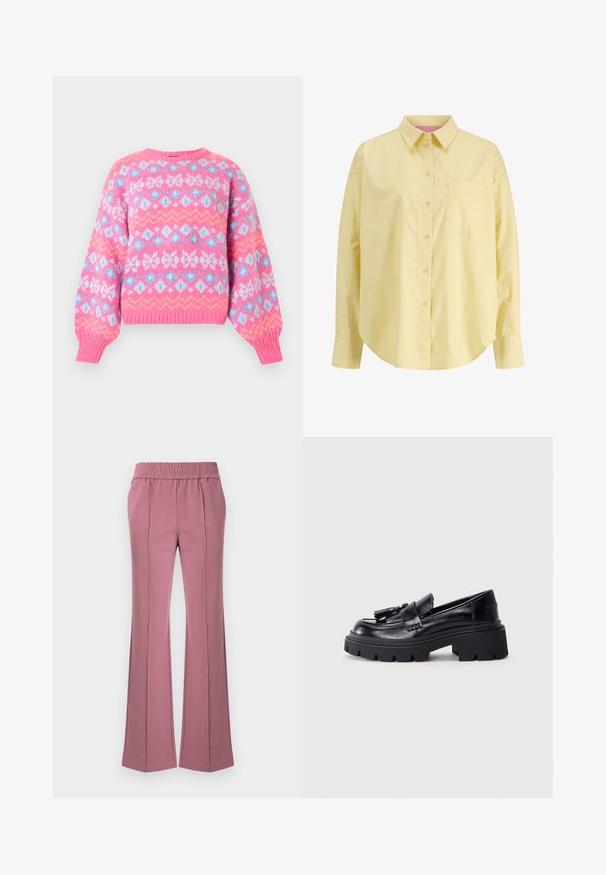 Strikket pullover-sweater med en pink bundfarve og blå, hvide og gule geometriske mønstre. Tætsiddende ribstrikkede manchetter og rund halsudskæring.; Lysegul, langærmet skjorte med knapper, enkelt brystlomme, klassisk krave og buet kant, vist på en hvid baggrund.; Buksers med vidde i en støvet rosa farve, lavet af blødt stof. Har en elastisk talje og diskrete læg foran.; Sorte læder loafers med en klumpet, bølget sål, der har en dekorativ kvast på forsiden og en glat, blank overflade.