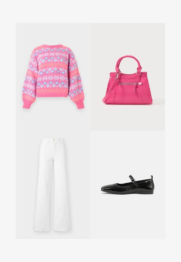 Pull-over en maille avec une base rose ornée de motifs géométriques bleus, blancs et jaunes. Manches ajustées avec poignets côtelés et col rond.; Jean large blanc en denim avec une taille haute, comportant des poches avant, des passants de ceinture et une fermeture à bouton. Texture lisse, sans motifs.; Chaussure plate en cuir verni noir avec un bout pointu, une sangle de cheville avec boucles, et une texture lisse et brillante. Talon bas pour le confort.; Sac à main en cuir rose avec deux poignées, laçage décoratif sur les côtés et une poche zippée à l'avant. Texture lisse, forme structurée.