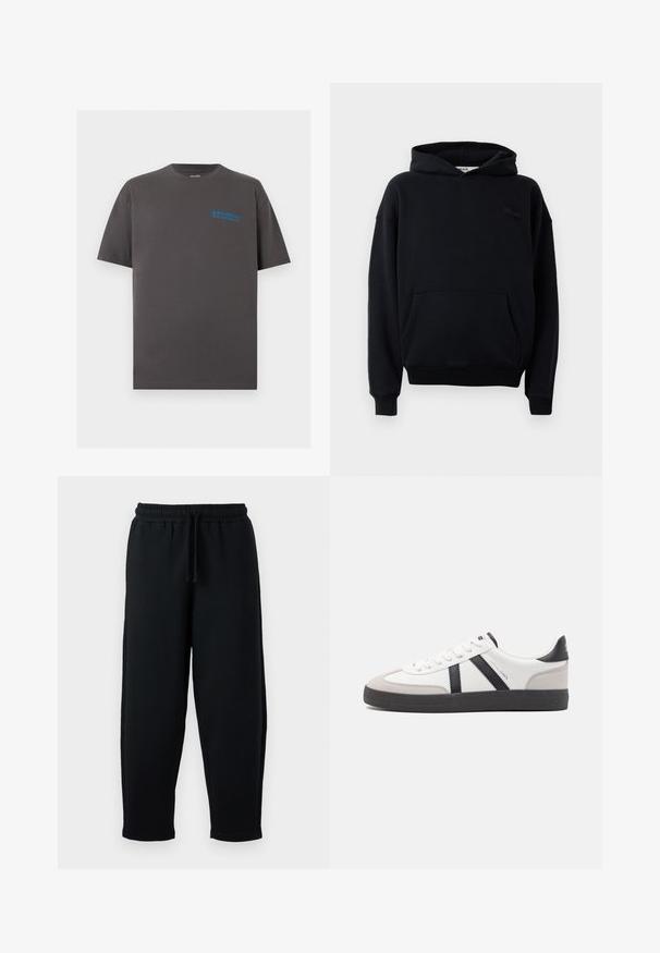 Μαύρη βαμβακερή hoodie με τσέπη καγκουρό, κουκούλα με κορδόνια και ριμπ μανσέτες. Διαθέτει διακριτική εκτύπωση στο στήθος. Μαλακή υφή.; Σκούρο γκρι βαμβακερό T-shirt με κοντά μανίκια και μικρό μπλε λογότυπο "Atlassian Williams Racing" στο πάνω αριστερό μέρος του στήθους.; Μαύρα παντελόνια φόρμας με ελαστική μέση και κορδόνι. Κατασκευασμένα από μαλακό ύφασμα, διαθέτουν άνετη εφαρμογή και σιλουέτα με στενές γάμπες.; Λευκό αθλητικό παπούτσι με μαύρες και γκρί λεπτομέρειες, featuring ένα υφή γκρί καλύμμα δαχτύλου, μαύρη καουτσούκ σόλα και επίπεδες λευκές κορδόνες. Καθαρός σχεδιασμός, μινιμαλιστικό στυλ.