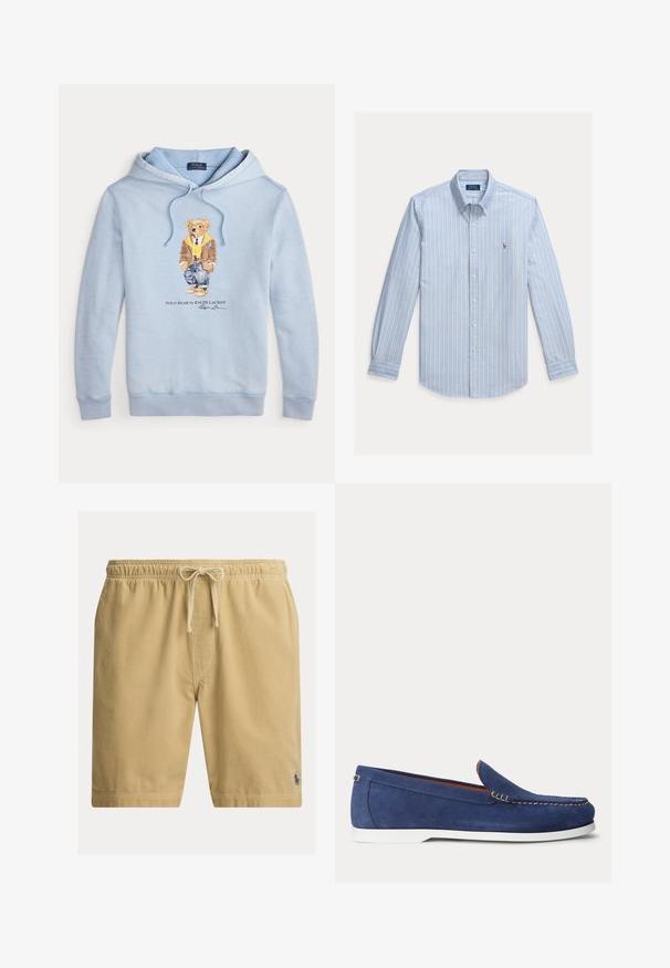 Lichtblauwe hoodie met een beer in een bril, een gele sjaal, een bruine jas, jeans en sneakers, met de tekst "Polo Bear by Ralph Lauren" eronder.; Lichtblauw overhemd met lange mouwen, witte verticale strepen en een klein geborduurd Polo Ralph Lauren-logo op de borst.; Beige corduroy shorts met elastische tailleband en trekkoord, met een klein donker logo geborduurd vlak bij de zoom aan de linkerpijp.; Blauwe suède loafer met witte zool en beige stiksels langs de bovenrand, afgebeeld tegen een effen witte achtergrond.