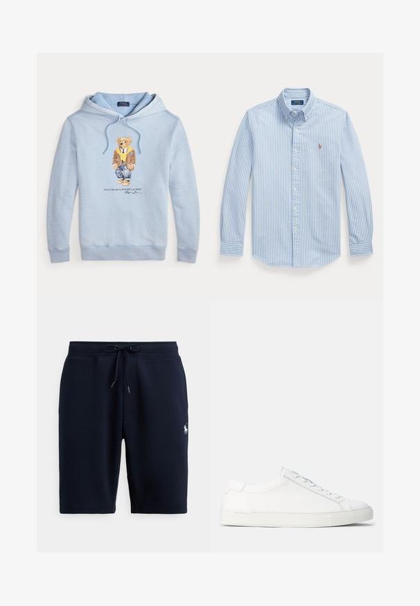 Lyseblå hættetrøje med en bjørn iført briller, et gult tørklæde, brun jakke, jeans og sneakers med teksten "Polo Bear by Ralph Lauren" nedenunder.; Lyseblå skjorte med lange ærmer, hvide lodrette striber og lille broderet Polo Ralph Lauren-logo på venstre bryst.; Marineblå atletiske shorts i bomuld med elastisk taljebånd, snor og logoaccents på venstre side. Glat tekstur, knælang.; Hvide lædersneakers med en glat overflade, rund form, flad gummisål og hvide snørebånd. Har et minimalistisk design og diskret branding.