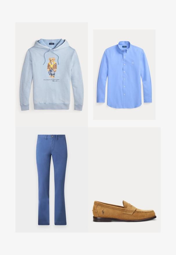 Svetlo modrá mikina s kapucňou, na ktorej je medveď s okuliarmi, žltým šálom, hnedou bundou, džínsami a teniskami, s textom "Polo Bear by Ralph Lauren" nižšie.; Svetlomodrá košeľa s dlhým rukávom na gombíky s gombíkovým golierom a bielym vyšitým logom Polo Ralph Lauren na prsiach.; Modré nohavice z bavlnenej zmesi so strihom rovného nohavice, zapínaním na gombík, funkčnými vreckami a hladkou textúrou. Jednoduchý a univerzálny štýl.; Semišový mokasín v béžovej farbe s prešitými detailmi a malým vyšitým logom koňa na boku, s nízkym dreveným podpätkom a slip-on dizajnom.