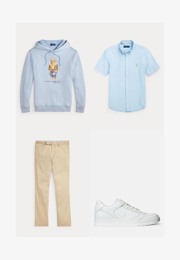Helehelesinine kapuutsiga sulejope, millel on prillidega karu, kollane sall, pruun jakk, teksad ja tossud ning allpool tekst "Polo Bear by Ralph Lauren".; Hele sinine lühikeste varrukatega nööbitav särk, nööbitava kraega ja vasakul rinnal väike tikitud logo.; Beeži sirgete säärega püksid vööaasade ja ees oleva tõmblukuga, laotatud tasaselt valgele taustale.; Valged nahast spordijalatsid siledast materjalist, millel on ventilatsiooniga varvas, paelad ja kõrvale brodeeritud logo. Valge kummitald.