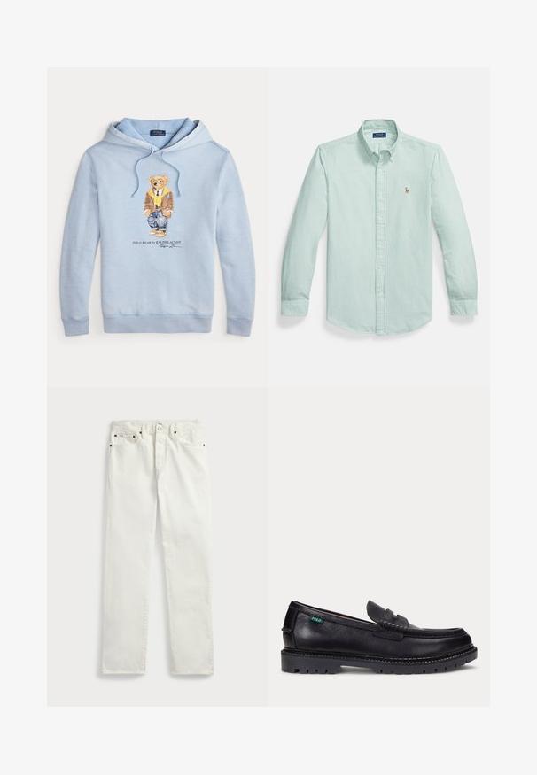 Lichtblauwe hoodie met een beer in een bril, een gele sjaal, een bruine jas, jeans en sneakers, met de tekst "Polo Bear by Ralph Lauren" eronder.; Lichtgroen overhemd met knopen, verticale witte strepen, een spitse kraag en een klein geborduurd logo op de borst.; Witte denimjeans met een rechte pasvorm, voorzien van vijf zakken, metalen knopen en stiksels langs de naden. Gladde textuur.; Zwarte leren loafer met dikke geprofileerde zool en klein groen "Polo" label aan de buitenkant bij de hiel.