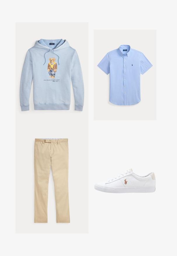 Lyseblå hættetrøje med en bjørn iført briller, et gult tørklæde, brun jakke, jeans og sneakers med teksten "Polo Bear by Ralph Lauren" nedenunder.; Lyseblå kortærmet skjorte med knapper og knappet krave samt lille mørkt logo broderet på venstre bryst.; Beige bukser med lige ben, bæltestropper og frontlynlås, lagt fladt mod en hvid baggrund.; Hvide kanvas sneakers med lågtop design, prydet med en beige hælkappe og et lille broderet logo på siden. Gummisål.