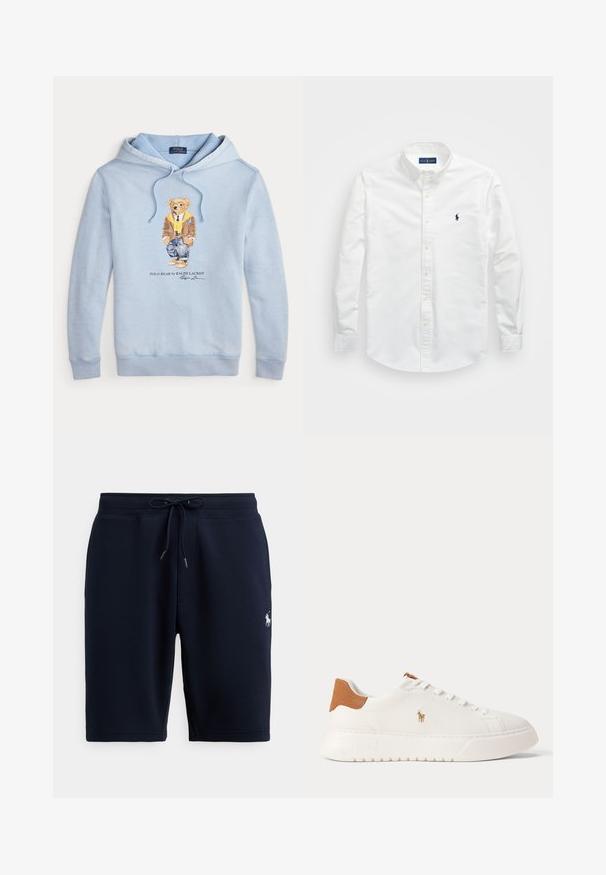 Un hoodie bleu clair avec un ours portant des lunettes, une écharpe jaune, une veste brune, un jean et des baskets, avec le texte "Polo Bear by Ralph Lauren" en dessous.; Chemise blanche à manches longues en coton. Dotée d'un col pointu, de longues manches et d'un petit logo navy sur la poitrine. Texture lisse.; Shorts de sport en coton bleu marine avec taille élastique, cordon de serrage et logo sur le côté gauche. Texture lisse, longueur au genou.; Baskets basses blanches avec languette de talon beige, lacets blancs et petit logo brodé d'un joueur de polo sur le côté au-dessus d'une semelle épaisse.