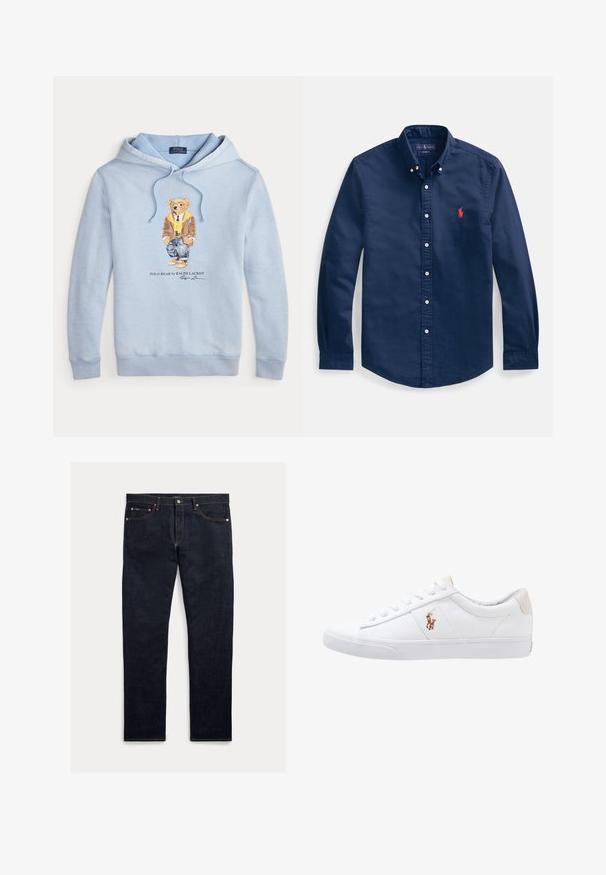 Himmelblauer Kapuzenpulli mit einem Bären, der eine Brille, einen gelben Schal, eine braune Jacke, Jeans und Sneaker trägt, mit dem Text "Polo Bear by Ralph Lauren" darunter.; Marineblaues Hemd aus Baumwolle mit Knöpfen, spitzem Kragen, langen Ärmeln und einem kleinen roten gestickten Logo auf der Brust.; Dunkle Jeans aus Denim mit geradem Schnitt, fünf Taschen, orangefarbener Naht und Knopfleiste. Das Gewebe hat eine glatte Textur.; Weiße Leinensneaker im Low-Top-Design mit einem beigen Ferseneinsatz und einem kleinen gestickten Logo an der Seite. Gummisohle.