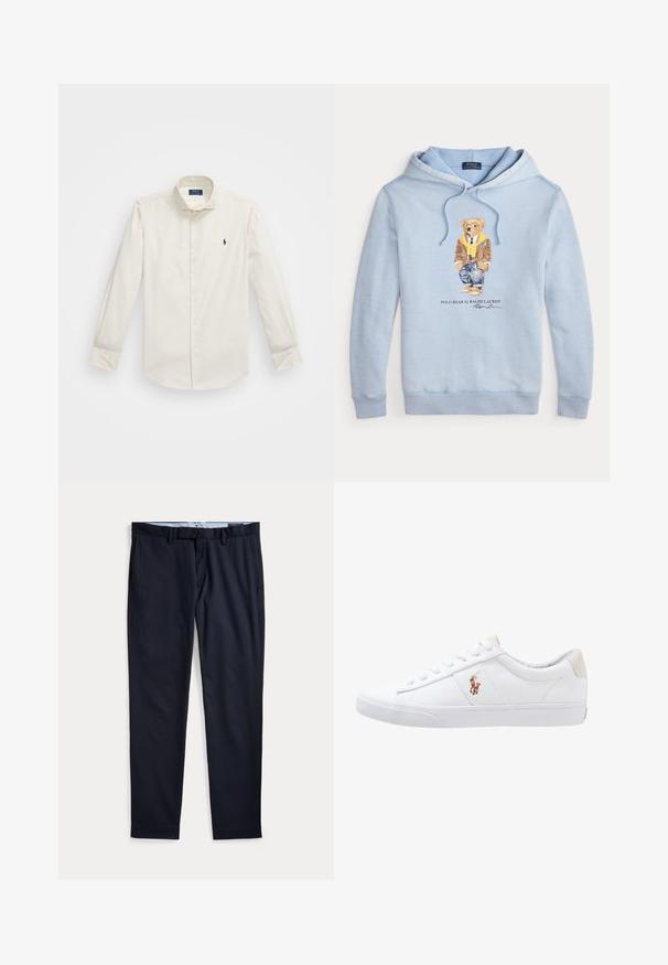 Lyseblå hættetrøje med en bjørn iført briller, et gult tørklæde, brun jakke, jeans og sneakers med teksten "Polo Bear by Ralph Lauren" nedenunder.; Hvid langærmet skjorte lavet af bomuld, med krave der lukkes med knapper, en enkelt brystlomme og en lille marineblå logo på venstre side.; Marineblå herre habitbukser med bæltestropper, lynlås og sidelommer, lagt fladt på en hvid baggrund.; Hvide kanvas sneakers med lågtop design, prydet med en beige hælkappe og et lille broderet logo på siden. Gummisål.