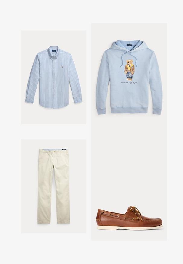 Svetlo modrá mikina s kapucňou, na ktorej je medveď s okuliarmi, žltým šálom, hnedou bundou, džínsami a teniskami, s textom "Polo Bear by Ralph Lauren" nižšie.; Svetlomodrá košeľa s dlhým rukávom na gombíky s bielymi vertikálnymi pruhmi a malým vyšívaným logom Polo Ralph Lauren na hrudi.; Béžové bavlnené nohavice s rovnými nohavicami, opaskové pútká, predné zapínanie na gombík, zips a bočné vrecká.; Hnedá kožená lodná obuv s bielou podrážkou, šnúrka zviazaná na vrchu a kovové oko pozdĺž strán a predného švu.