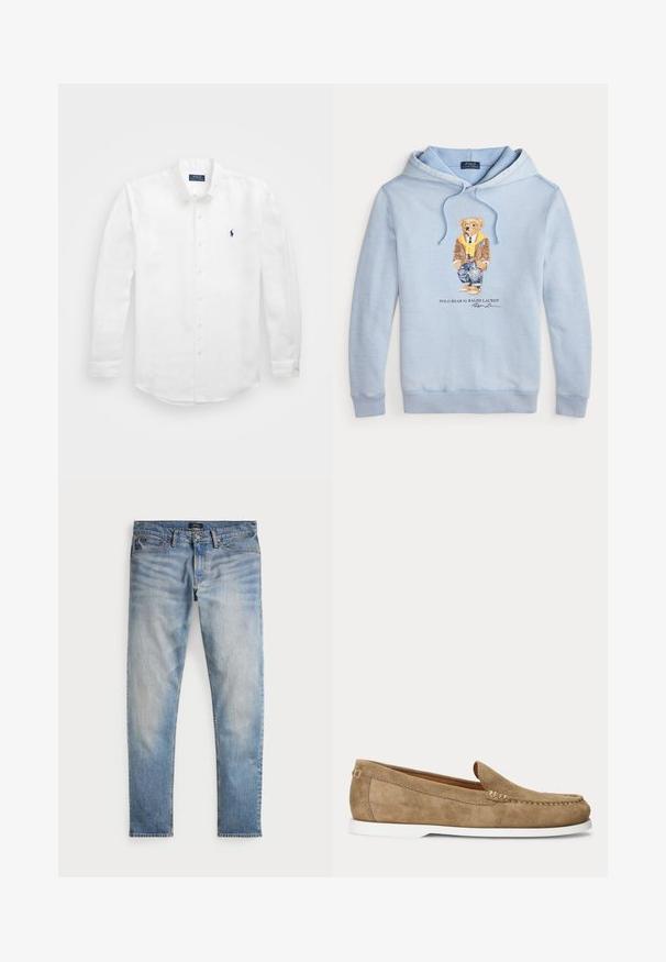 Lichtblauwe hoodie met een beer in een bril, een gele sjaal, een bruine jas, jeans en sneakers, met de tekst "Polo Bear by Ralph Lauren" eronder.; Witte lange mouwen shirt van katoen met een button-down kraag, voorzien van een klein marineblauw logo op de linkerborst en klassieke knoopsluiting.; Lichtblauwe denim jeans met een vervaagde afwerking, vijfzakkenontwerp en contrasterende stiksels. Heeft een ritssluiting en riemlussen. Rechte snit.; Lichtbruine suède loafer met witte zool, mocassinnaad en slip-on ontwerp, vanuit de zijkant afgebeeld op een effen achtergrond.