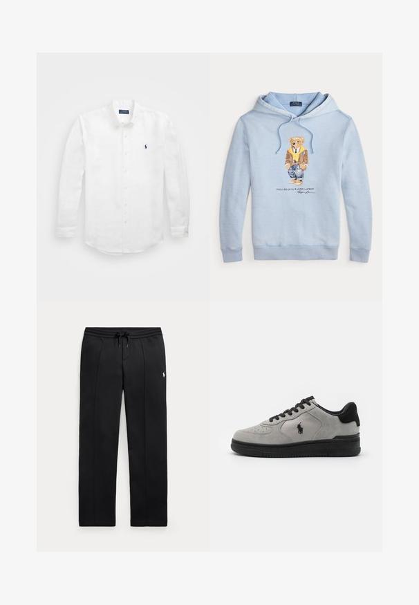 Lichtblauwe hoodie met een beer in een bril, een gele sjaal, een bruine jas, jeans en sneakers, met de tekst "Polo Bear by Ralph Lauren" eronder.; Witte lange mouwen shirt van katoen met een button-down kraag, voorzien van een klein marineblauw logo op de linkerborst en klassieke knoopsluiting.; Zwarte sweatpants met rechte pijpen, trekkoord in de taille en klein wit logo op de linkerdij, plat weergegeven op een lichte achtergrond.; Grijze suède sneakers met zwarte accenten, met een textuurstof zijpaneel, een ronde neus en een zwarte rubberen zool. Logo geborduurd op de zijkant.