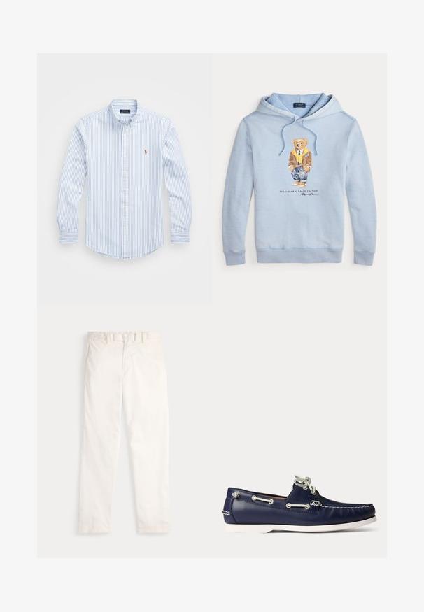 Lichtblauwe hoodie met een beer in een bril, een gele sjaal, een bruine jas, jeans en sneakers, met de tekst "Polo Bear by Ralph Lauren" eronder.; Lichtblauw en wit gestreept overhemd met knopen, een kraag, lange mouwen en een klein geborduurd logo op de borst. Katoenen materiaal.; Witte broek met rechte pijpen, riemlussen en voorzakken, plat gelegd op een witte achtergrond.; Marineblauwe leren boot schoen met witte veters en stiksels, voorzien van een witte rubberen zool en metalen veteroogjes op een lichte achtergrond.