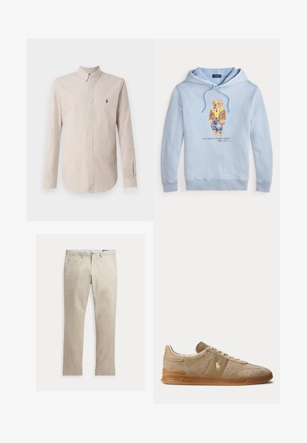 Helehelesinine kapuutsiga sulejope, millel on prillidega karu, kollane sall, pruun jakk, teksad ja tossud ning allpool tekst "Polo Bear by Ralph Lauren".; Triibuline pikkade varrukatega särk kreemja ja heledat pruuniga, millel on nööbiga krae ja väike tumesinine logo rinna peal.; Beežid sirgete säärega puuvillased püksid ees taskute, vööaasade, nööbi- ja tõmblukuga, laotatud valgel taustal.; Beež color veluurist ja nahast madala säärega toss kummikõrrega, valgete paelte ja Polo logoga küljel ning tallal.