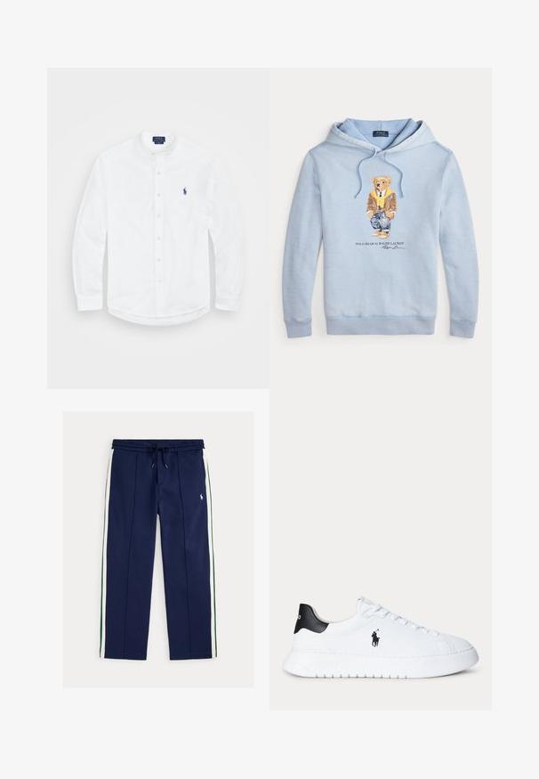 Lichtblauwe hoodie met een beer in een bril, een gele sjaal, een bruine jas, jeans en sneakers, met de tekst "Polo Bear by Ralph Lauren" eronder.; Witte lange mouwen shirt met een bandkraag, knoopsluiting aan de voorkant en een blauw logo aan de linkerkant. Gemaakt van soepel katoen.; Marineblauwe joggerbroek met witte en groene zijstrepen, trekkoord in de taille, voorzakken en klein wit geborduurd logo op de rechterdij.; Witte lage sneaker met zwarte hieltab en zwart Polo Ralph Lauren-logo aan de zijkant, met witte veters en een dikke witte zool.