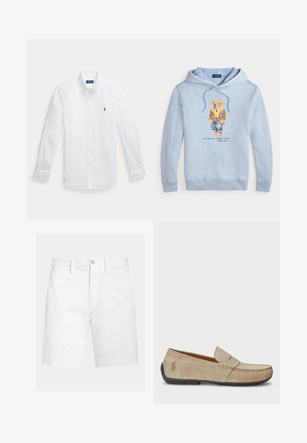 Lichtblauwe hoodie met een beer in een bril, een gele sjaal, een bruine jas, jeans en sneakers, met de tekst "Polo Bear by Ralph Lauren" eronder.; Witte linnen overhemd met lange mouwen en knoopsluiting, voorzien van een puntige kraag en een geborduurd blauw logo op de linkerkant van de borst. Heeft knoopmanchetten.; Witte knielange shorts met riemlussen en een bruine knoopsluiting in de taille, weergegeven op een effen achtergrond.; Beige suède instappers met een gestikt detail, platte rubberen zool en een klein logo aan de zijkant. Klassiek instapontwerp, zachte textuur.