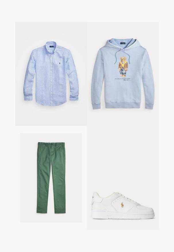 Lyseblå hættetrøje med en bjørn iført briller, et gult tørklæde, brun jakke, jeans og sneakers med teksten "Polo Bear by Ralph Lauren" nedenunder.; Blå og hvid stribet langærmet skjorte lavet af bomuld, med knap-ned krave, frontknapper og et lille broderet logo på brystet.; Grønne herrebukser med lige ben, forlommer, bæltestropper og knaplukning, vist fladt på en hvid baggrund.; Hvid lavtopet lædersneaker med hvide snørebånd og et gyldent Polo Ralph Lauren-logo på siden samt "Polo" præget på sålen.