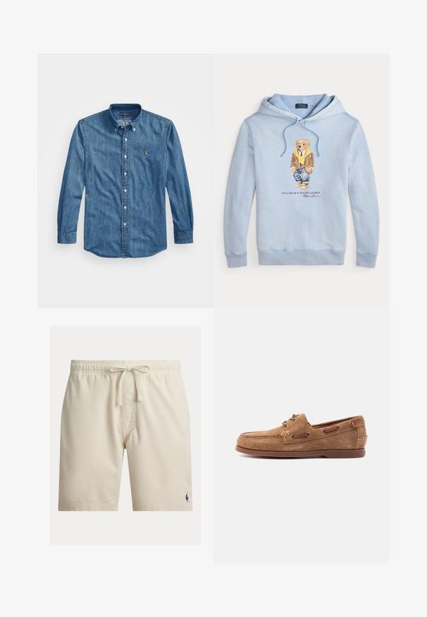 Vaaleansininen huppari, jossa on karhu, joka käyttää silmälaseja, keltaista huivia, ruskeaa takkia, farkkuja ja tennareita. Hupparin alla on teksti "Polo Bear by Ralph Lauren".; Napapirkkana denim-paita keskimäisessä sinisessä värissä, jossa on terävä kaulus, pitkät hihat ja pieni brodeerattu logo rinnassa. Pehmeä tekstuuri.; Beiget miesten shortsit, joissa on joustava vyötärönauha ja kiristysnauha, sekä pieni tumma logo vasemman alareiden kohdalla.; Ruskea mokkanahkainen mokkasiini, jossa on nahkainen nyöritys, ommeltu kärki ja tasapohjainen kumipohja, kuvattuna sivulta vaalealla taustalla.