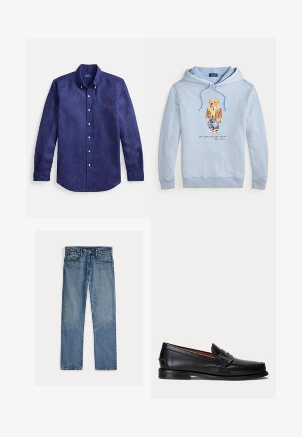 Lyseblå hættetrøje med en bjørn iført briller, et gult tørklæde, brun jakke, jeans og sneakers med teksten "Polo Bear by Ralph Lauren" nedenunder.; Marineblå linned med lange ærmer, skjorte med knappet krave, frontstykke og lille rødt broderet logo på venstre bryst.; Lyseblå denimjeans med et lige snit, der har fem lommer, knaplukning og en diskret falmet effekt på stoffet.; Sort læderloafer med lav hæl og pennyremdetalje, vist fra siden på en lysegrå baggrund.