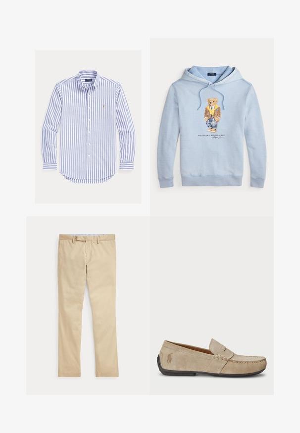 Lichtblauwe hoodie met een beer in een bril, een gele sjaal, een bruine jas, jeans en sneakers, met de tekst "Polo Bear by Ralph Lauren" eronder.; Blauw-wit verticaal gestreept overhemd met lange mouwen, knoopsluiting, kraag met knopen en klein geborduurd logo op de borst.; Beige broek met rechte pijpen, ceintuurlussen en een voorrits, plat gelegd tegen een witte achtergrond.; Beige suède instappers met een gestikt detail, platte rubberen zool en een klein logo aan de zijkant. Klassiek instapontwerp, zachte textuur.
