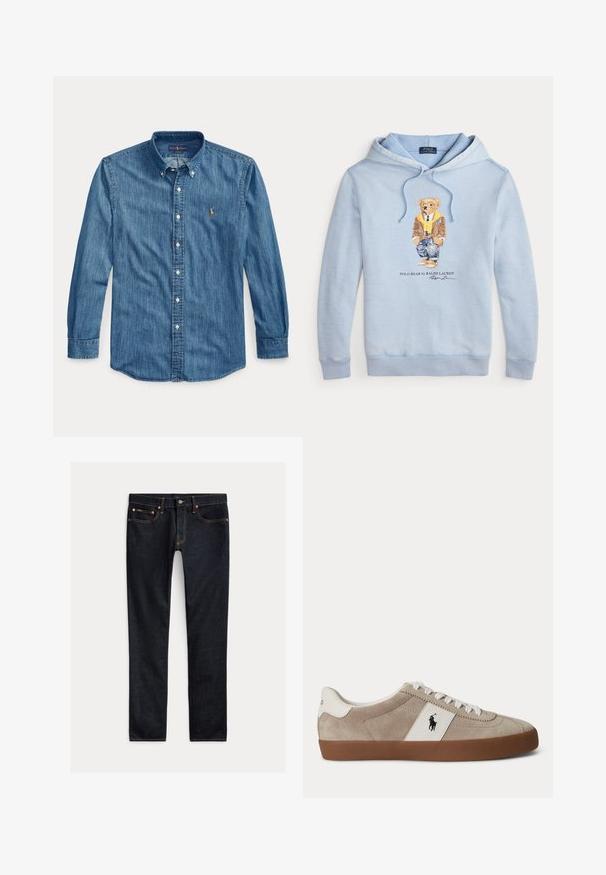 Lichtblauwe hoodie met een beer in een bril, een gele sjaal, een bruine jas, jeans en sneakers, met de tekst "Polo Bear by Ralph Lauren" eronder.; Blauw denim overhemd met lange mouwen, kraag en klein geborduurd logo op de linkerborst naast de knopen.; Donkerblauwe slim-fit jeans met vijf zakken, knoopsluiting en contrasterende stiksels, plat gelegd op een lichte achtergrond.; Beige suède lage sneaker met witte veters, wit lederen accent met zwart paardenlogo en een bruine rubberen zool.
