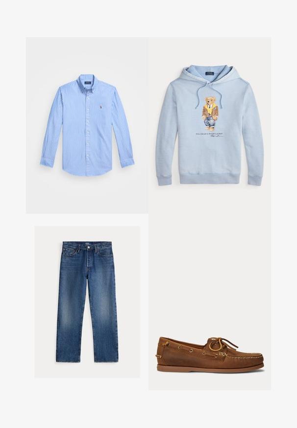 Lyseblå hættetrøje med en bjørn iført briller, et gult tørklæde, brun jakke, jeans og sneakers med teksten "Polo Bear by Ralph Lauren" nedenunder.; Blå og hvid stribet langærmet skjorte med knaplukning, spids krave og logoemblem på brystet. Bomuldsstof med glat tekstur.; Blå straight-leg jeans med falmede detaljer, fem lommer, bæltestropper samt knap- og lynlåslukning, Polo Ralph Lauren mærke indeni.; Brun læder bådsko med mokasinsyning, snøredetalje træde gennem metaløjer og flad gummi sål vist fra siden.