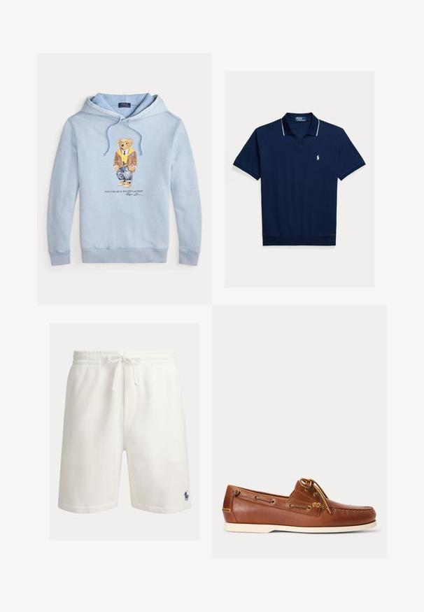 Lyseblå hættetrøje med en bjørn iført briller, et gult tørklæde, brun jakke, jeans og sneakers med teksten "Polo Bear by Ralph Lauren" nedenunder.; Marineblå polo i bomuld med V-hals, korte ærmer, hvid kant ved kraven og ærmerne, samt lille logo på brystet.; Hvide bomuldsshorts med elastisk talje, snor og sidelommer. Har en lille blå polo-logo på nederste venstre side.; Brun læder bådsko med hvid sål, snørebånd bundet foroven og metal-øjer langs siderne og i forreste syning.