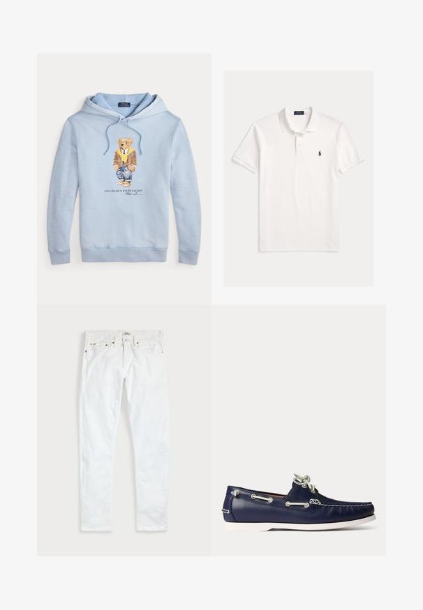 Sudadera azul clara con un oso que lleva gafas, una bufanda amarilla, chaqueta marrón, jeans y zapatillas, con el texto "Polo Bear by Ralph Lauren" debajo.; Camisa Polo Ralph Lauren blanca de manga corta con cuello, tapeta de dos botones y pequeño logo bordado de caballo azul marino en el pecho izquierdo.; Vaqueros blancos de corte ajustado con cinco bolsillos, cierre de botones y trabillas para cinturón, extendidos sobre un fondo liso y claro.; Zapato náutico de cuero azul marino con cordones y costuras blancas, con suela de goma blanca y ojales metálicos sobre un fondo claro.