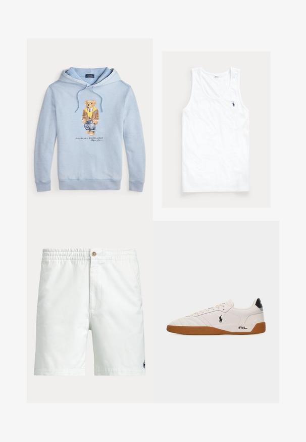Svetlo modrá mikina s kapucňou, na ktorej je medveď s okuliarmi, žltým šálom, hnedou bundou, džínsami a teniskami, s textom "Polo Bear by Ralph Lauren" nižšie.; Biele tielko bez rukávov s okrúhlym výstrihom a malým tmavomodrým logom koníka Polo Ralph Lauren na ľavej strane hrudníka.; Biele pánske šortky s elastickým pásom, zapínaním na gombík, bočnými vreckami a malým tmavým logom blízko spodného lemu na jednej nohe.; Biela nízka teniska s hnedou gumovou podrážkou, čiernym logom Polo Ralph Lauren na boku a textom „RL" na päte.
