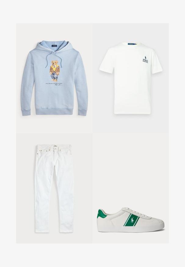 Helehelesinine kapuutsiga sulejope, millel on prillidega karu, kollane sall, pruun jakk, teksad ja tossud ning allpool tekst "Polo Bear by Ralph Lauren".; Valge puuvillane t-särk, millel on ümmargune kaelus, lühikesed varrukad ja sinine "POLO Ralph Lauren" logo vasakul rinnal.; Valged kitsad teksapüksid, millel on viis taskut, nööpidega sulgumine ja vööaasad, asetatud tasapinnale ühtlase hele tausta sisse.; Valge madala säärega toss roheline triibu ja Polo logoga küljel, rohelise kandmisega ja valgete paeltega, esitatud vasakult küljelt lihtsal taustal.