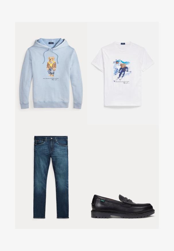 Lichtblauwe hoodie met een beer in een bril, een gele sjaal, een bruine jas, jeans en sneakers, met de tekst "Polo Bear by Ralph Lauren" eronder.; Witte katoenen T-shirt met een kleurrijke afbeelding van een skiërende beer, met blauwe details en een helikopter erboven, en bedrukt merktekst eronder.; Donkerblauwe slim-fit jeans met vooraan een knoop en ritssluiting, vijf zakken en subtiel vervagen op de voorkant van de dijen en knieën.; Zwarte leren loafer met dikke geprofileerde zool en klein groen "Polo" label aan de buitenkant bij de hiel.