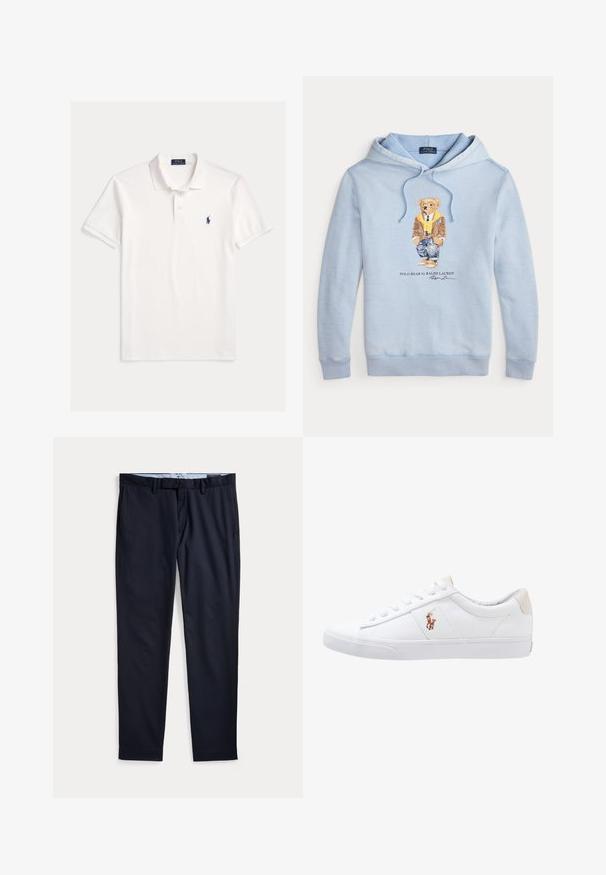 Himmelblauer Kapuzenpulli mit einem Bären, der eine Brille, einen gelben Schal, eine braune Jacke, Jeans und Sneaker trägt, mit dem Text "Polo Bear by Ralph Lauren" darunter.; Weißes Polo Ralph Lauren Kurzarmhemd mit Kragen, Zweiknopfleiste und kleinem dunkelblau besticktem Pferdelogo auf der linken Brust.; Marineblaue Herrenhose mit Gürtelschlaufen, Reißverschluss und Seitentaschen, flach auf weißem Hintergrund ausgelegt.; Weiße Leinensneaker im Low-Top-Design mit einem beigen Ferseneinsatz und einem kleinen gestickten Logo an der Seite. Gummisohle.