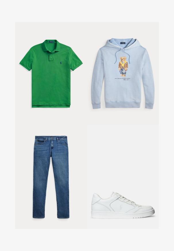 Sudadera azul clara con un oso que lleva gafas, una bufanda amarilla, chaqueta marrón, jeans y zapatillas, con el texto "Polo Bear by Ralph Lauren" debajo.; Polo verde de manga corta con cuello y dos botones, con un pequeño logo bordado en azul marino en el pecho izquierdo.; Jeans de mezclilla azul con un corte ajustado, que cuentan con bolsillos delanteros, trabillas para cinturón y un cierre de botón sobre un fondo blanco.; Zapatilla de cuero blanca con textura suave, que presenta una puntera perforada, cierre de cordones y logo bordado en el lateral. Suela de goma blanca.