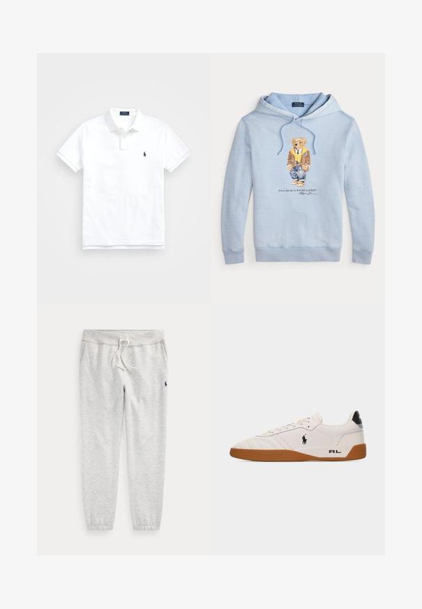 Lyseblå hættetrøje med en bjørn iført briller, et gult tørklæde, brun jakke, jeans og sneakers med teksten "Polo Bear by Ralph Lauren" nedenunder.; Hvid polo t-shirt med korte ærmer, krave, to knapper og lille mørkeblå broderet logo på venstre bryst.; Lysegrå joggingbukser med elastiske manchetter, snøre i taljen, sidelommer og lille mørkt logo på øverste venstre lår.; Hvid lav sneakers med brun gummisål, sort Polo Ralph Lauren-logo på siden og "RL" tekst på hælområdet.