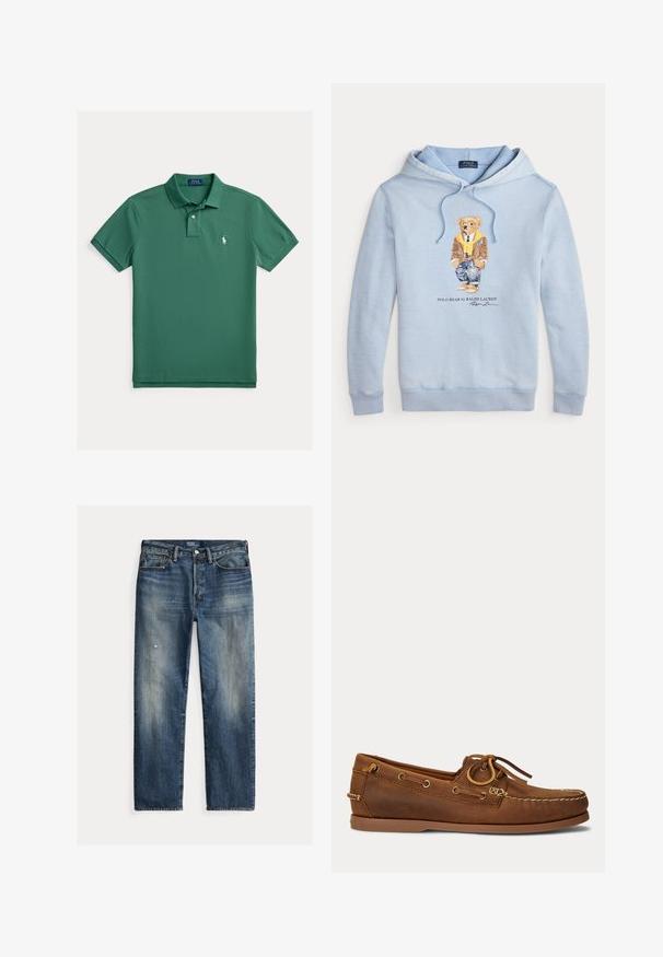 Lyseblå hættetrøje med en bjørn iført briller, et gult tørklæde, brun jakke, jeans og sneakers med teksten "Polo Bear by Ralph Lauren" nedenunder.; Grøn poloshirt lavet af bomuld, med en klassisk krave, to knapper, korte ærmer og et lille hvidt logo på venstre side af brystet.; Blå denimjeans med afslappet pasform, falmet finish, synlige slidtegn, lige silhuet og traditionel knaplukning.; Brun læder bådsko med mokasinsyning, snøredetalje træde gennem metaløjer og flad gummi sål vist fra siden.