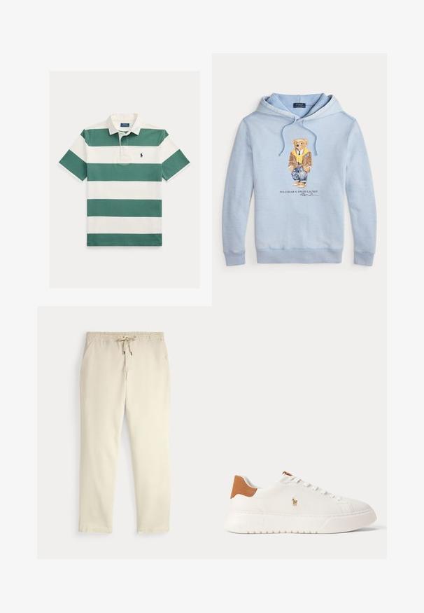 Svetlo modrá mikina s kapucňou, na ktorej je medveď s okuliarmi, žltým šálom, hnedou bundou, džínsami a teniskami, s textom "Polo Bear by Ralph Lauren" nižšie.; Polo tričko s krátkym rukávom s širokými horizontálnymi zelenými a bielymi pruhmi, bielym golierom a malým vyšívaným logom na hrudi.; Krémové voľné nohavice s elastickým pásom a šnúrkou, rovné nohy a bočné vrecká na jednofarebnom pozadí.; Biely nízky teniska s béžovou pätovou záložkou, bielymi šnúrkami a malým vyšívaným logom hráča póla na boku nad tlustou podrážkou.