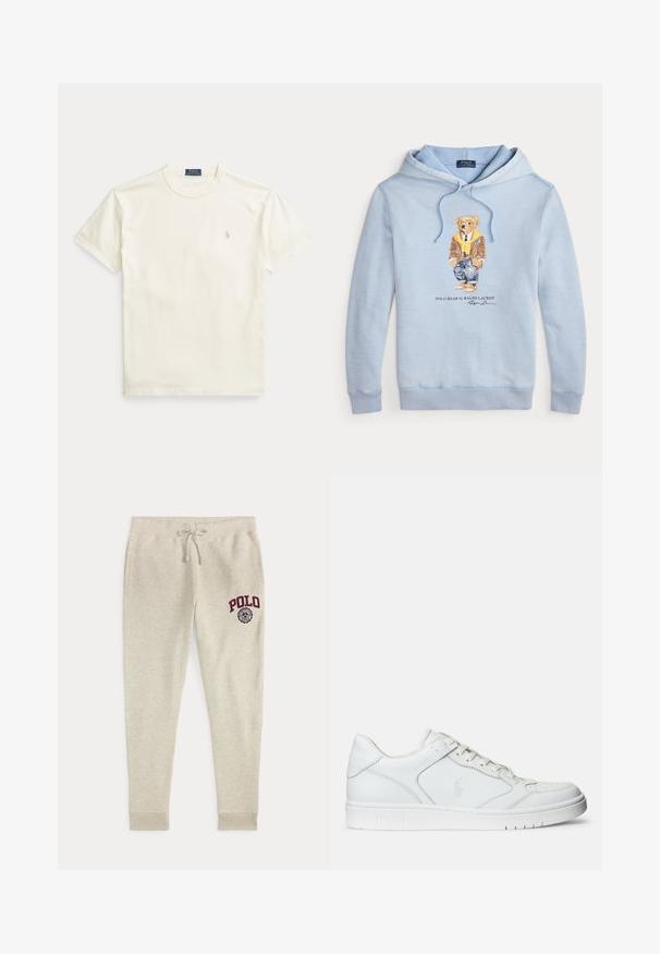 Helehelesinine kapuutsiga sulejope, millel on prillidega karu, kollane sall, pruun jakk, teksad ja tossud ning allpool tekst "Polo Bear by Ralph Lauren".; Kreemja värvi puuvillane lühikeste varrukatega T-särk. Vasakul rinnal on peenelt tikitud logo ja ümara kaelusega.; Beežid paelaga dressipüksid küljetaskutega ning punase "POLO" logoga ja embleemiga ülemisel vasakul reiel.; Valged nahast spordijalatsid siledast materjalist, millel on ventilatsiooniga varvas, paelad ja kõrvale brodeeritud logo. Valge kummitald.