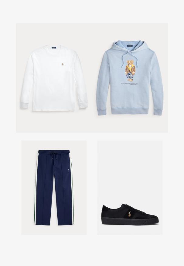 Himmelblauer Kapuzenpulli mit einem Bären, der eine Brille, einen gelben Schal, eine braune Jacke, Jeans und Sneaker trägt, mit dem Text "Polo Bear by Ralph Lauren" darunter.; Weißes Langarmshirt mit Rundhalsausschnitt und kleinem besticktem Polo Ralph Lauren-Logo auf der linken Brust.; Marineblaue Jogginghose mit weißen und grünen Seitenstreifen, Kordelzug in der Taille, Vordertaschen und kleinem weißen besticktem Logo auf dem rechten Oberschenkel.; Schwarze Sneakers mit einem Obermaterial aus Stoff und Wildleder, runder Zehenpartie, flacher Gummisohle und gesticktem Logo an der Seite. Schnürdesign mit sechs Ösen.