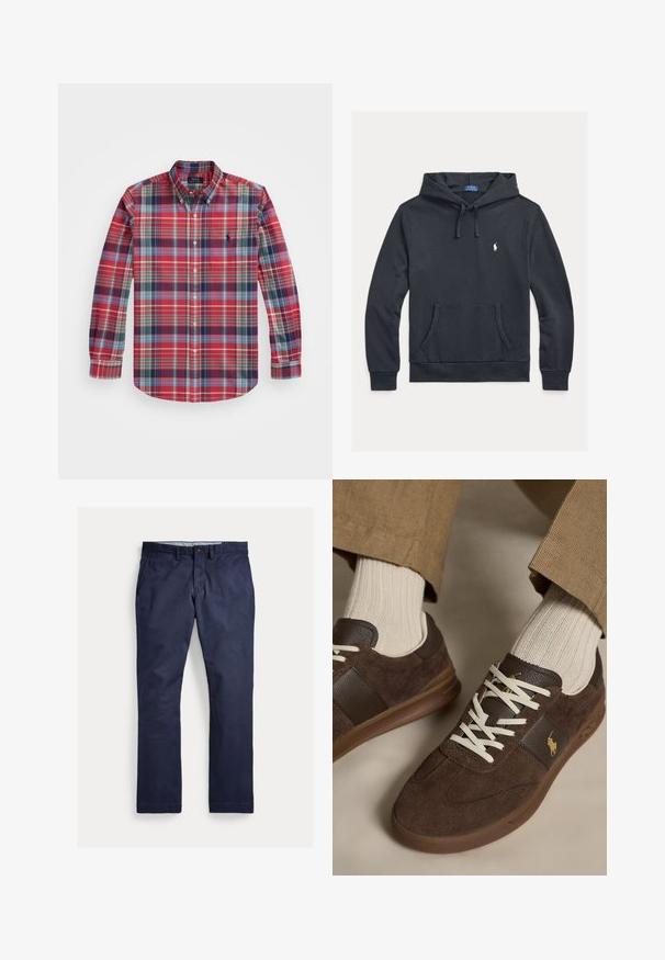 Marineblauwe katoenen hoodie met een zak aan de voorkant, verstelbare trekkoorden, geribbelde manchetten en een klein wit logo op de borst.; Langarm geruite overhemd in rood, blauw en groen met button-down kraag, borstzak en geborduurd logo aan de linkerkant.; Marineblauwe casual broek met riemlussen, zijzakken, knoopsluiting en ritssluiting, plat gelegd tegen een witte achtergrond.; Bruine suède sneakers met witte veters gedragen met beige geribbelde sokken en lichtbruine broek.