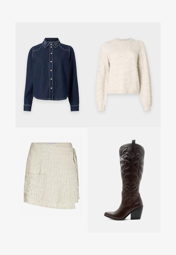Cremefarvet strikket sweater med strukturerede diamant- og vifte-mønstre, lange puffede ærmer samt ribbede manchetter og kant.; JDY Denim JDYBELLA Denim - Skjortebluser - dark blue denim; Beige omslagsskjørt med lodrette striber. Har en sidelomme, strukturert stof og justerbar snorelukning i taljen.; Høj mørkebrun læder cowboystøvle med syede dekorative mønstre, spids tå og stablet blokhæle.