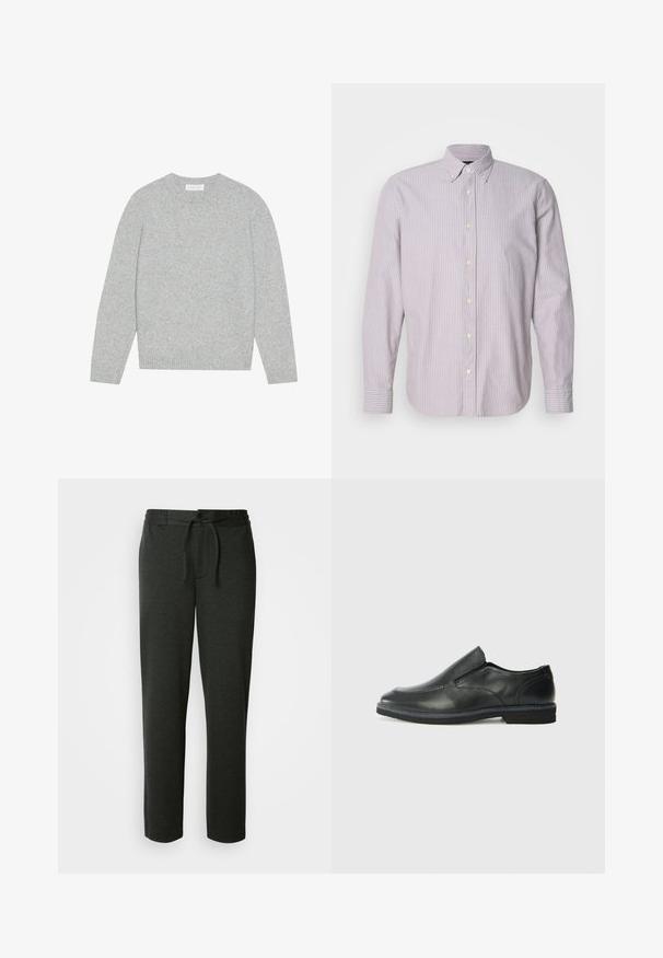 Lys grå uldtrøje med rund hals, lange ærmer og ribbede manchetter og kant. Blød tekstur med et enkelt og minimalistisk design.; Skjorte med knapper i lys lilla og hvide striber, lavet af bomuldsstof, lange ærmer og en nedknappet krave, med gule knapper og slidser i siden.; Mørkegrå sweatpants lavet af en blød bomuldsblanding. Har elastisk talje med snor og sidelommer. Lige ben-design.; Sorte læder slip-on sko med en glat overdel, syede detaljer, rund tå og en lav gummihæl. Sålen har minimal profil.