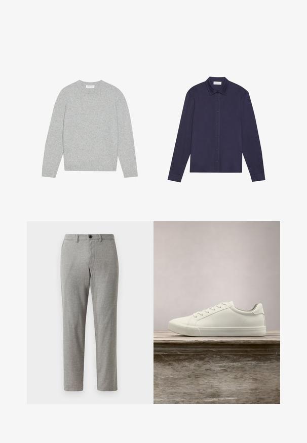 Lichtgrijze wollen trui met ronde hals, lange mouwen en ribbels aan de manchetten en onderkant. Zachte textuur met een solide, minimalistisch ontwerp.; Marineblauwe longsleeve shirt van een gladde stof, met een knopenlijst aan de voorkant, een puntige kraag en een iets ontspannen pasvorm.; Grijze geweven broeken met een rechte snit, met een knoopsluiting en riemlussen; gladde textuur en lichte stof voor casual gebruik.; Witte vetersneaker die boven een houten bank zweeft met groene bladeren op de achtergrond, waarbij het ontwerp en de textuur van de schoen worden getoond.