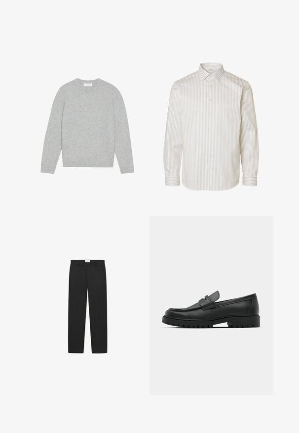 Pull en laine gris clair avec un col rond, des manches longues et des poignets et ourlet côtelés. Texture douce avec un design solide et minimal.; Chemise blanche à manches longues avec des rayures verticales beiges, patte de boutonnage devant, col pointu et poignets à boutons.; Pantalons noirs avec une coupe droite, fabriqués dans un tissu à texture lisse, dotés de deux poches avant et d'une taille standard.; Mocassins en cuir noir à bout arrondi, avec un design cousu, une semelle plateforme basse et une semelle en caoutchouc texturée et crantée.
