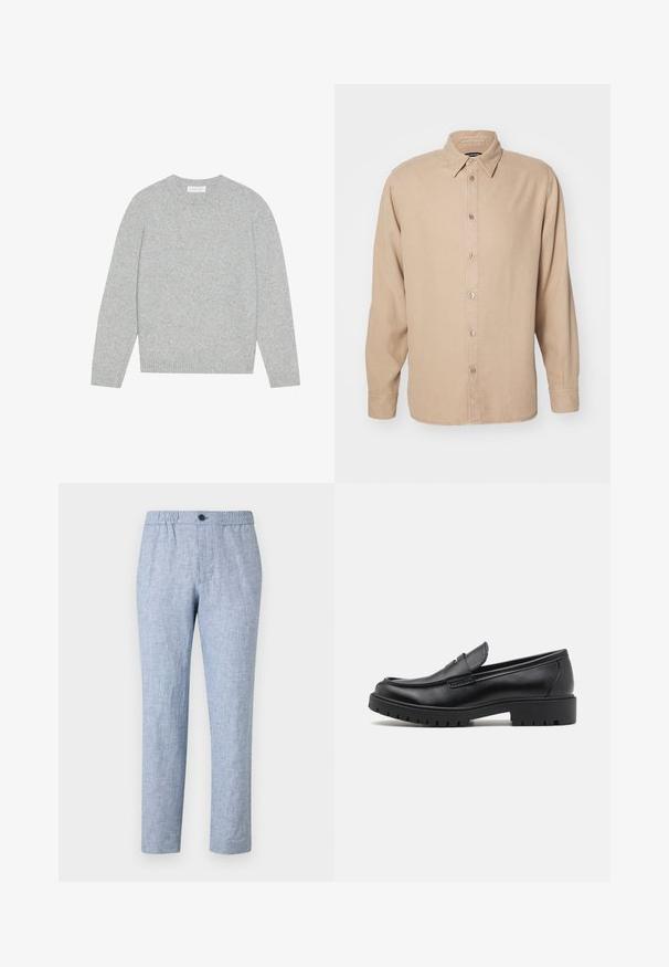 Pull en laine gris clair avec un col rond, des manches longues et des poignets et ourlet côtelés. Texture douce avec un design solide et minimal.; Chemise beige à manches longues avec un col boutonné. Fabriquée en tissu doux, elle présente une patte de boutonnage à l'avant et des détails de couture simples.; Pantalons bleu clair en mélange de lin avec une taille élastique et une fermeture à un bouton. Design à jambe droite, tissu texturé, sans motifs.; Mocassins en cuir noir avec un bout arrondi, un design à enfiler et une semelle en caoutchouc épaisse avec une texture antidérapante. Talon surélevé et détails de surpiqûre subtils.